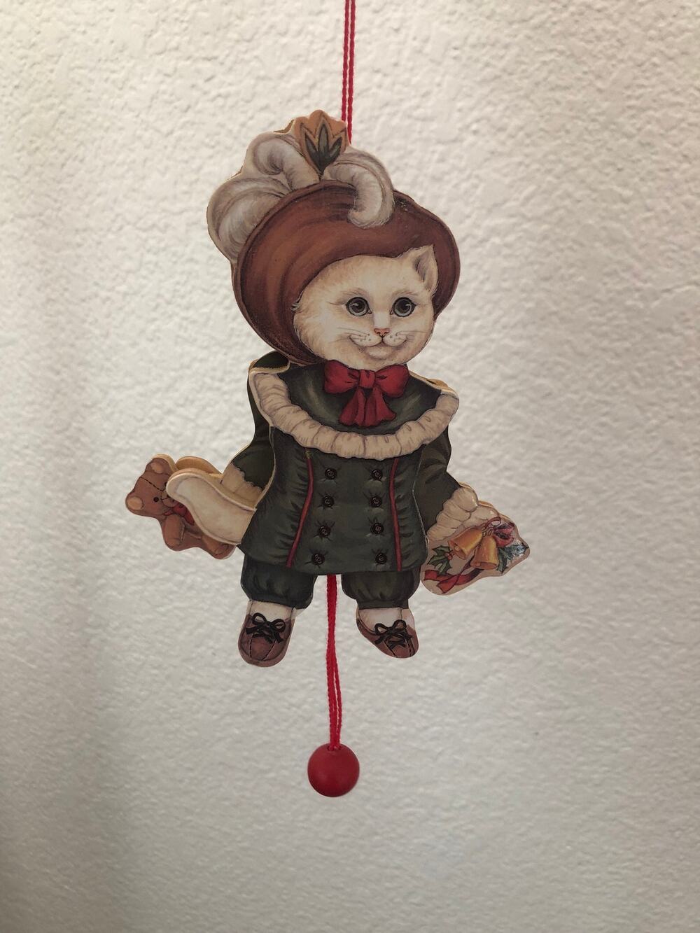 Pull String Victorian Cat Tudor Jumping Jack Puppet Christmas Ornaments 3D Vntg
